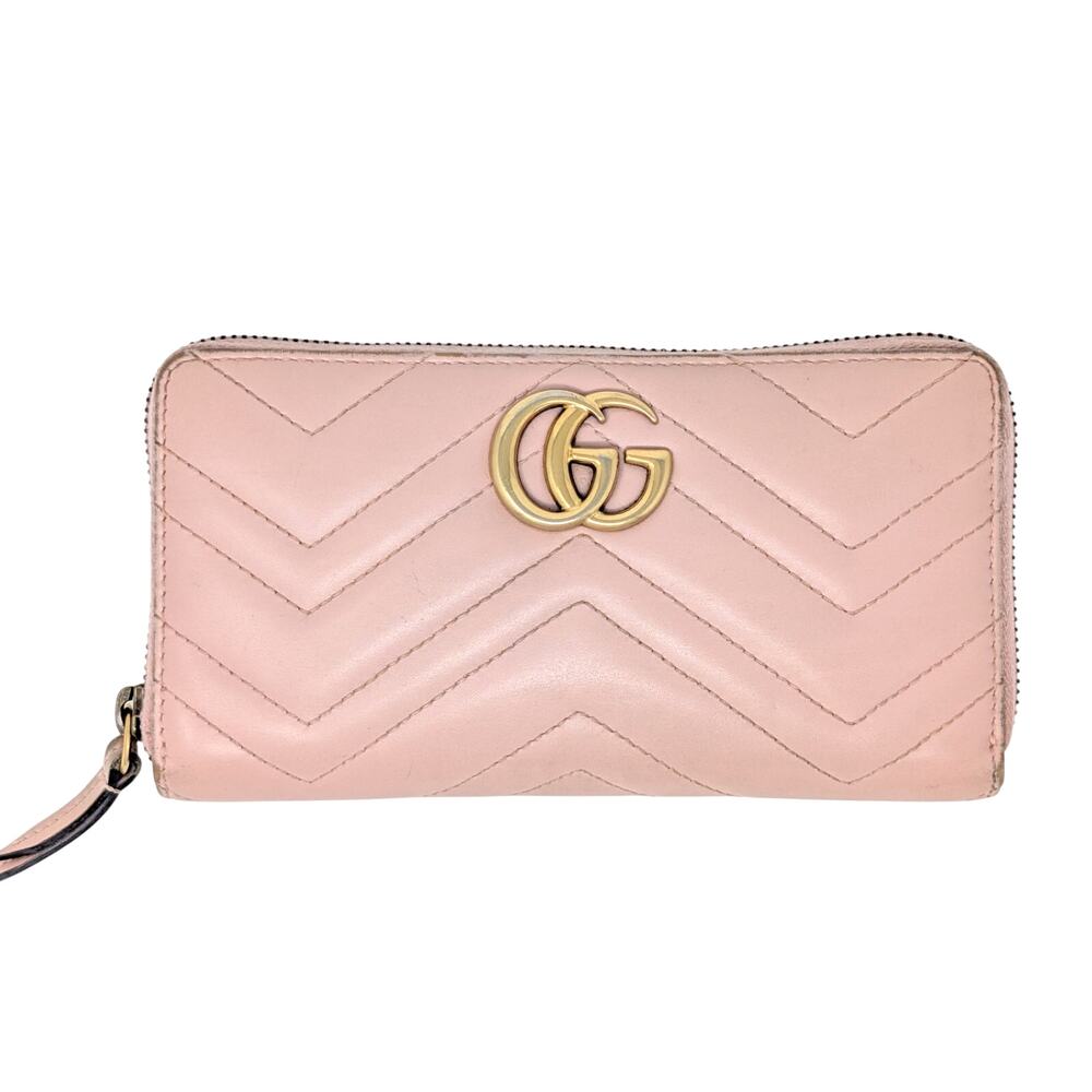 Gucci GG‎ Marmont Pink Zip Around Wallet Matelassé Quilted Leather Gold Logo